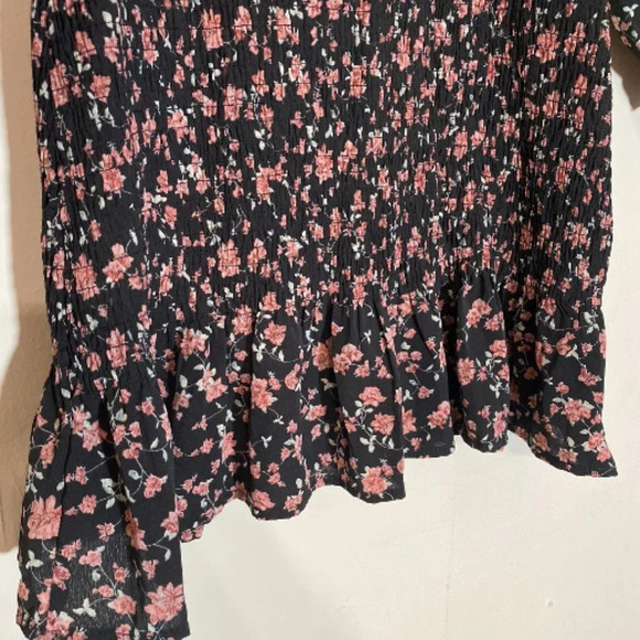 Blush Covered In Flowers Boho Black Floral Smocked Long Sleeve Mini Dress Sz L - Picture 8 of 11